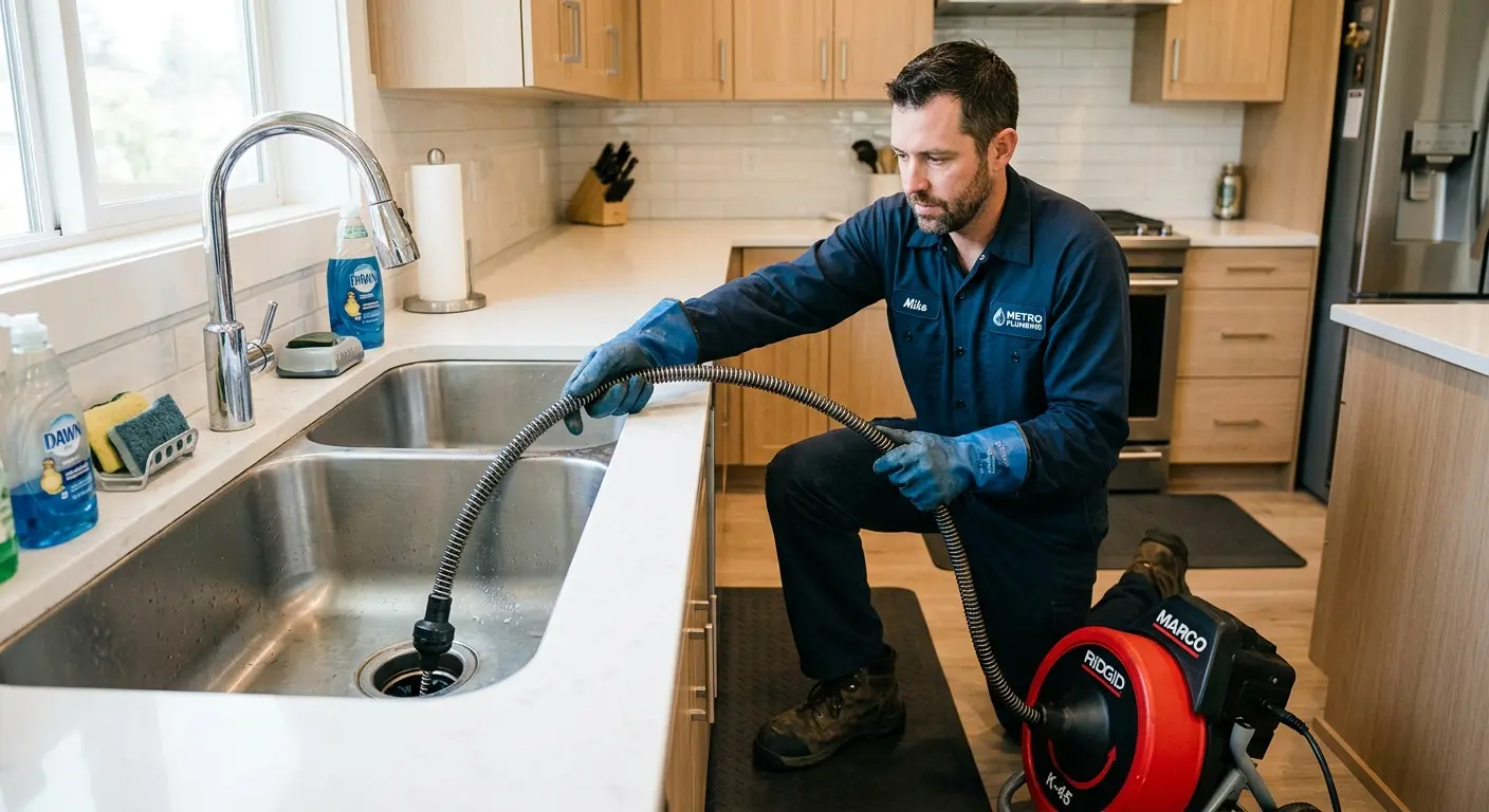 Drain cleaning technician using a motorized snake on a kitchen sink in Independence