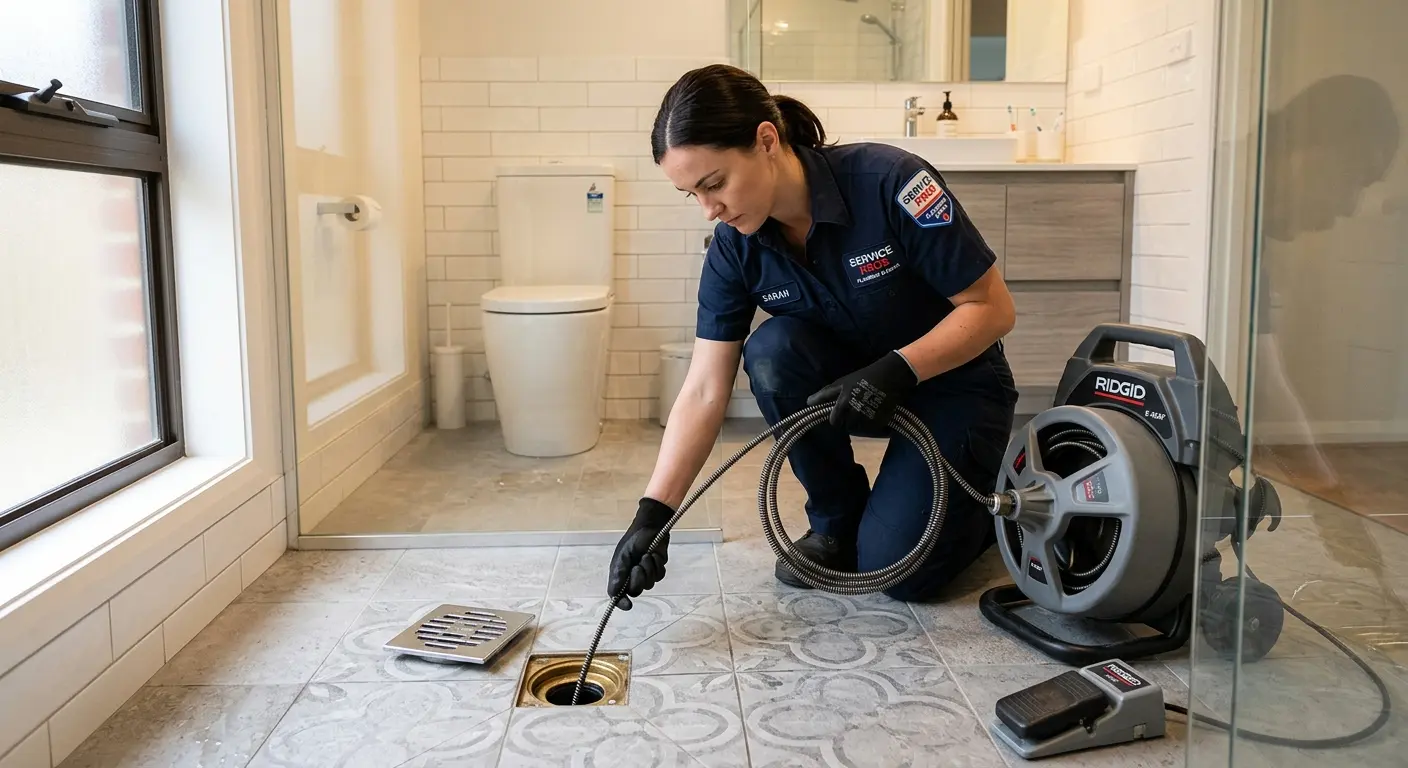 Technician clearing a bathroom floor drain for Sewer Line Installation in Independence